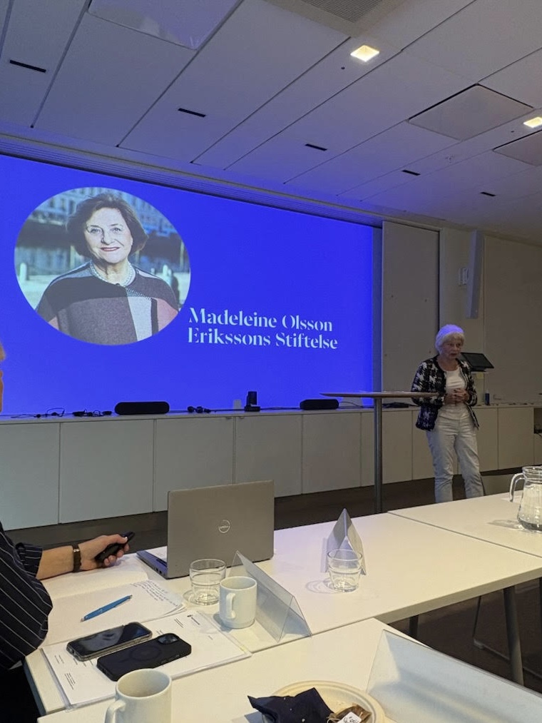 Talare presenterar vid podium med blå presentation som visar "Madeleine Olsson Erikssons Stiftelse" på skärmen.